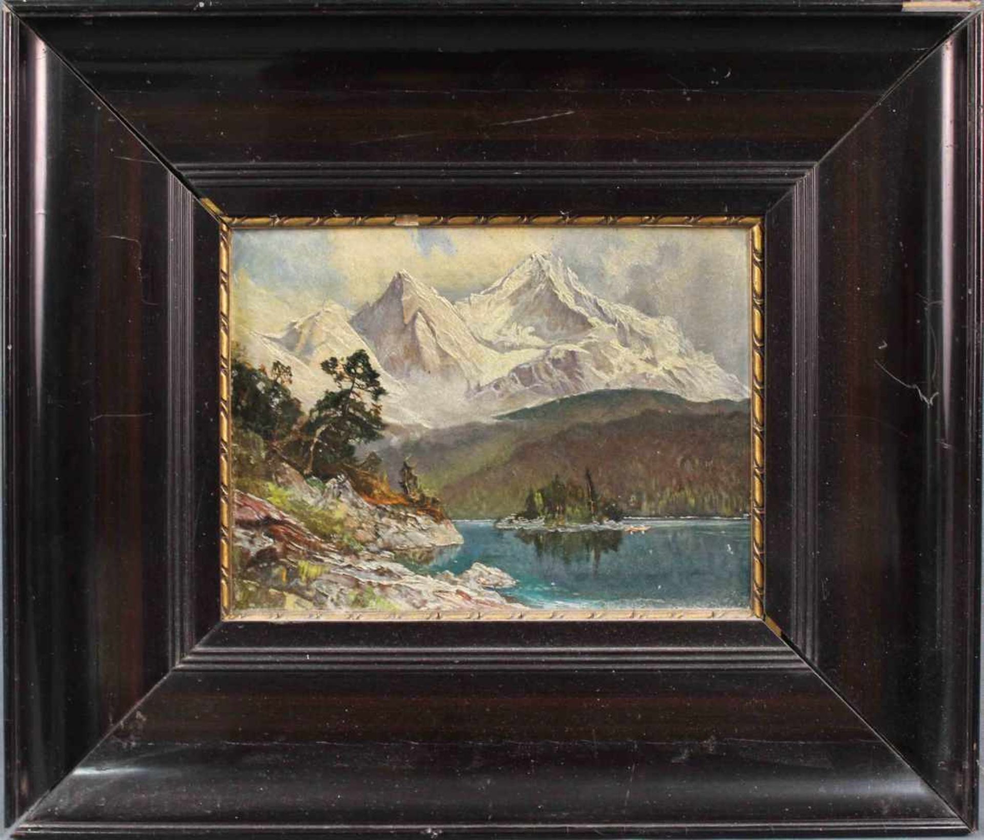 UNSIGNIERT (XIX-XX). Badersee bei Grainau mit Alpspitze und Zugspitze.21 cm x 28 cm. Gemälde. Öl auf - Image 3 of 6