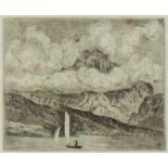 Hans THOMA (1839 - 1924). Bergsee (1917).Größe 13,2 cm x 16,2 cm. Entstehungsjahr 1917. Rechts unten