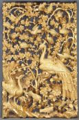 Holzpaneel. Geschnitzt. Goldfarben. Vogeldekor. China alt.65 cm x 40 cm.Wood panel. Carved. Gold