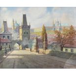 UNDEUTLICH SIGNIERT (XX). Karlsbrücke in Prag.68 cm x 84 cm. Ölgemälde. Rechts unten signiert.