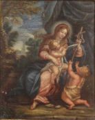 UNSIGNIERT (XVII - XVIII). Maria mit Jesus und Johannes.22 cm x 18 cm. Gemälde. Öl auf Kupfer.