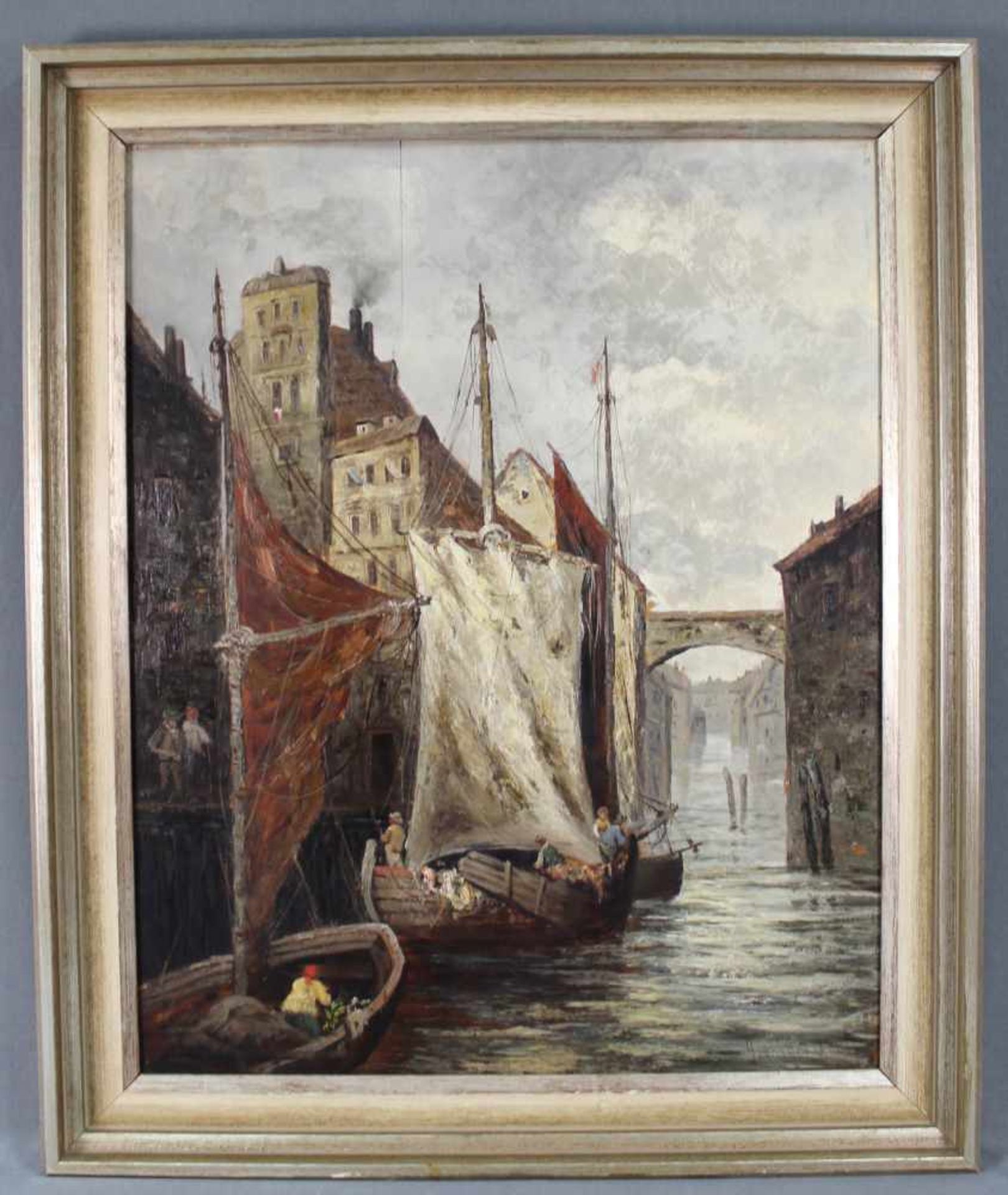 Henri Leopold GIRARDET (1848 - 1917). "Paris 1887". Hinterwasser mit Frachtschiffen.70 cm x 54 cm. - Image 2 of 8