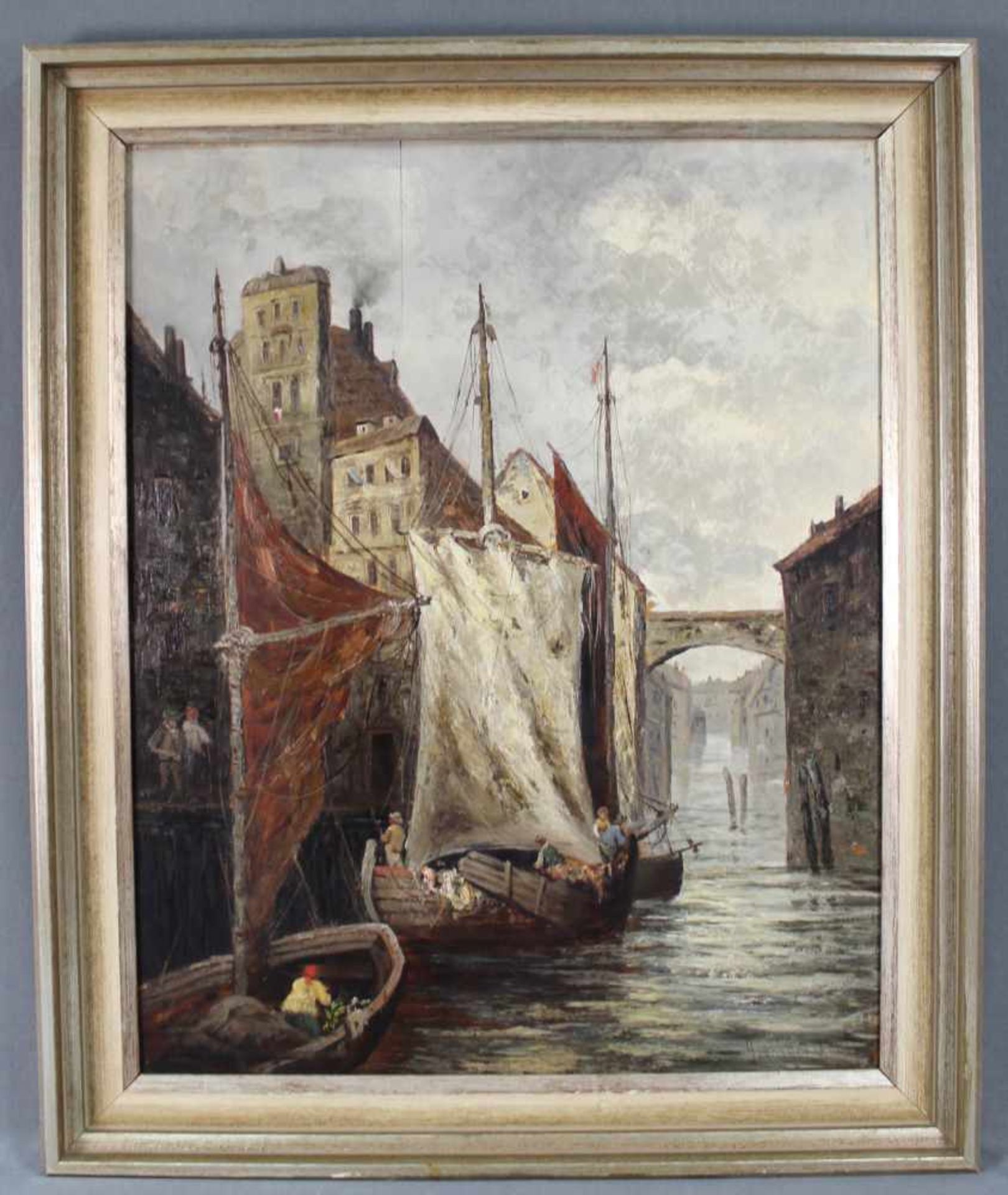 Henri Leopold GIRARDET (1848 - 1917). "Paris 1887". Hinterwasser mit Frachtschiffen.70 cm x 54 cm. - Bild 2 aus 8