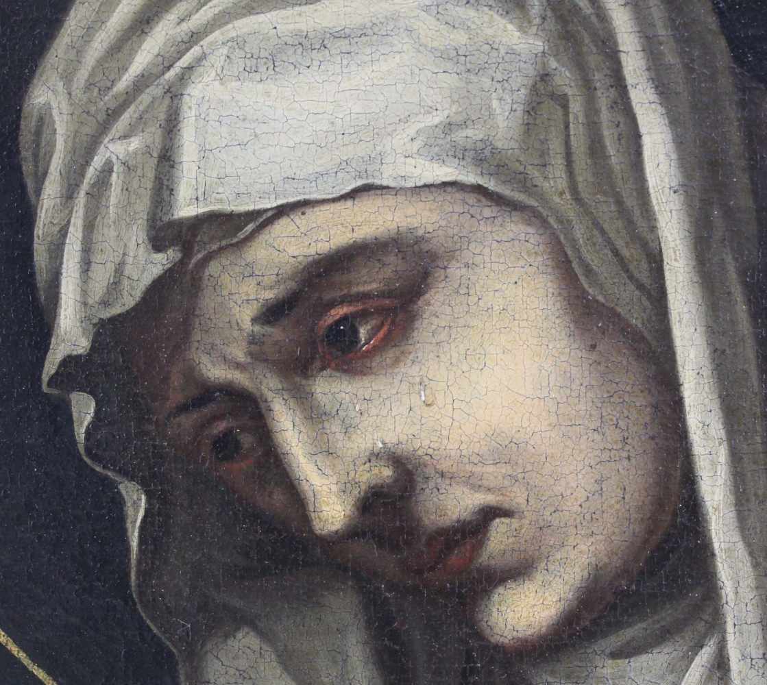 UNSIGNIERT (XVIII - XIX). Maria.76,5 cm x 58,5 cm. Gemälde. Öl auf Leinwand. Wohl Wachsdoubliert. - Image 3 of 6