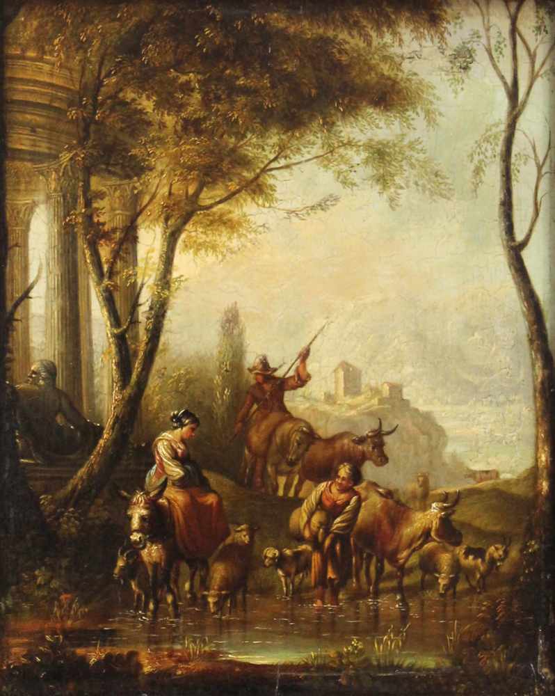 Isaac DE MOUCHERON (1667 - 1744) zug. Arkadische Landschaft mit Mägden und Tieren.35 cm x 28 cm.