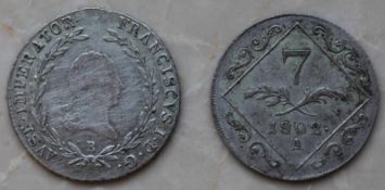 7 Kreuzer 1802 A. Dazu 20 Kreuzer 1809 B.Franz I, Kaiser von Österreich (1804 - 1835), 7 Kreuzer,