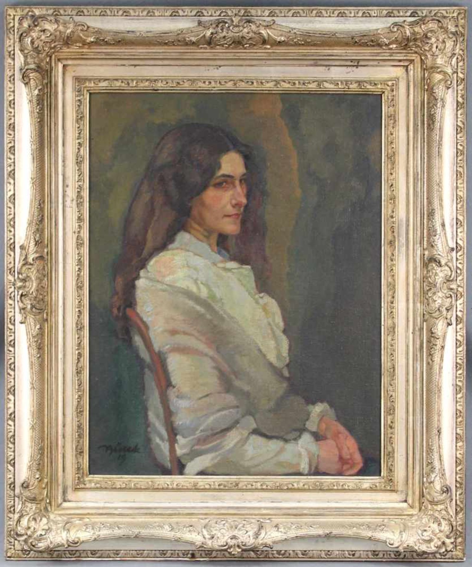 Paul BÜRCK (1878 - 1947). Portrait einer Frau im weißem Kleid 1919.63 cm x 48 cm. Gemälde. Öl auf - Bild 2 aus 8