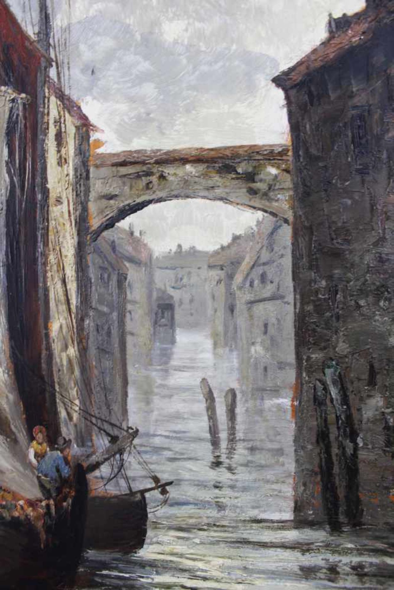 Henri Leopold GIRARDET (1848 - 1917). "Paris 1887". Hinterwasser mit Frachtschiffen.70 cm x 54 cm. - Image 6 of 8