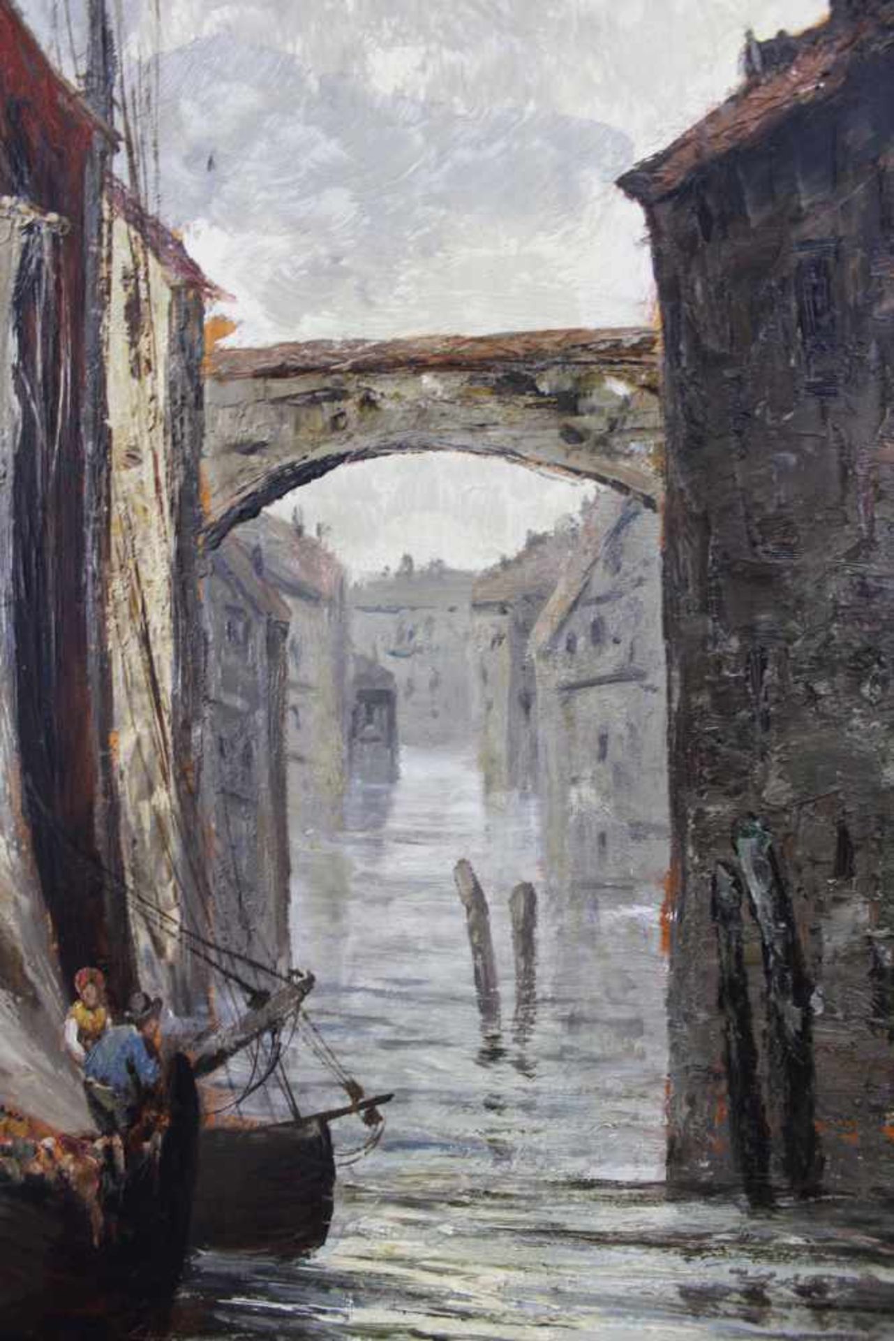 Henri Leopold GIRARDET (1848 - 1917). "Paris 1887". Hinterwasser mit Frachtschiffen.70 cm x 54 cm. - Bild 6 aus 8