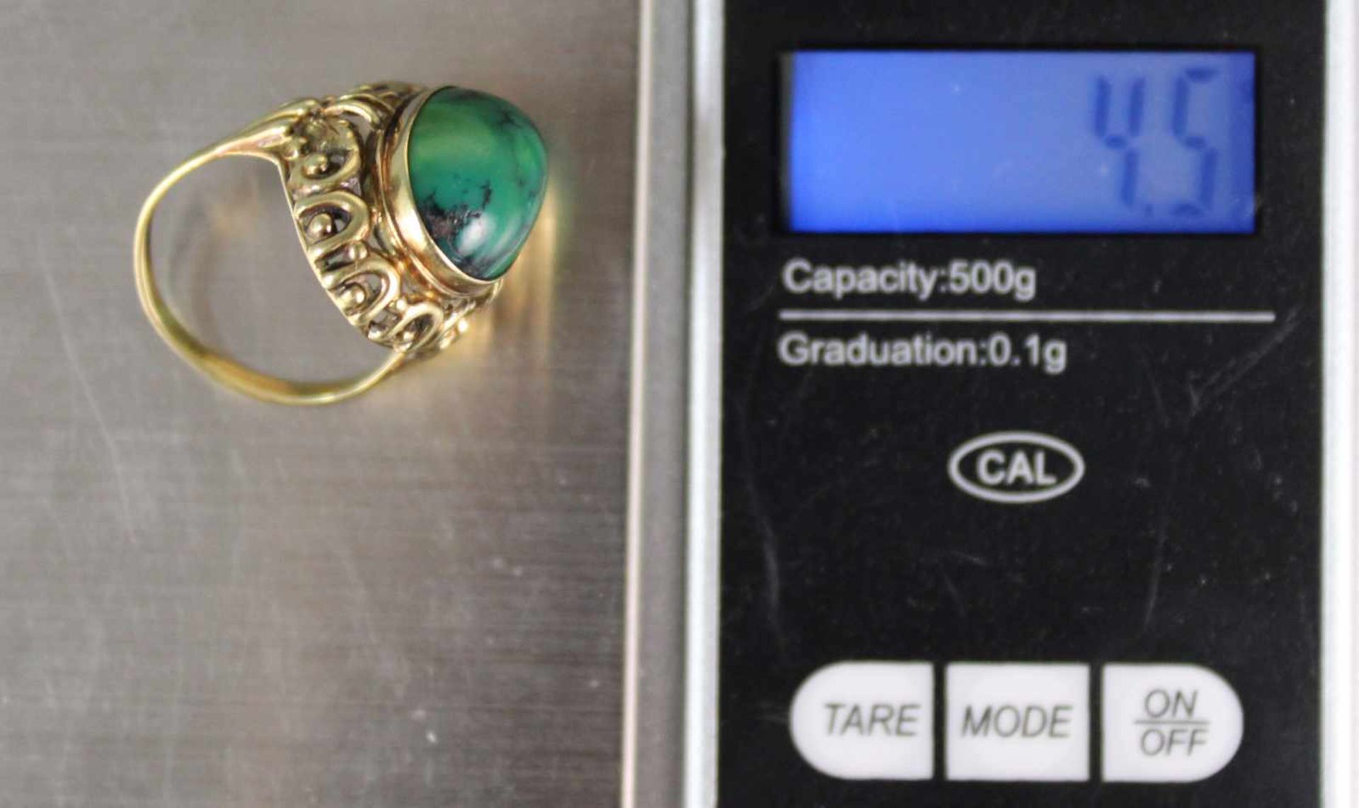 Ring mit Chrysopras mit Matrix? Gold 585. Jugendstil aus der Zeit um 1890.4,5 Gramm Gesamtgewicht. - Image 7 of 7