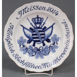 Prunkteller Meissen Porzellan. "Königlich Sächsischer Militärvereinsbund Meissen 1914".Durchmesser