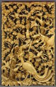 Holzpaneel. Geschnitzt. Goldfarben. Vogeldekor. China alt.64 cm x 39,5 cm.Wood panel. Carved. Gold