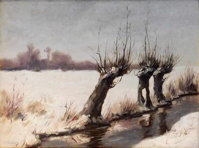 H. BAAKES (XX). Winterlicher Flusslauf.25,5 cm x 35 cm. Gemälde, Öl auf Platte. Darmstädter Maler,