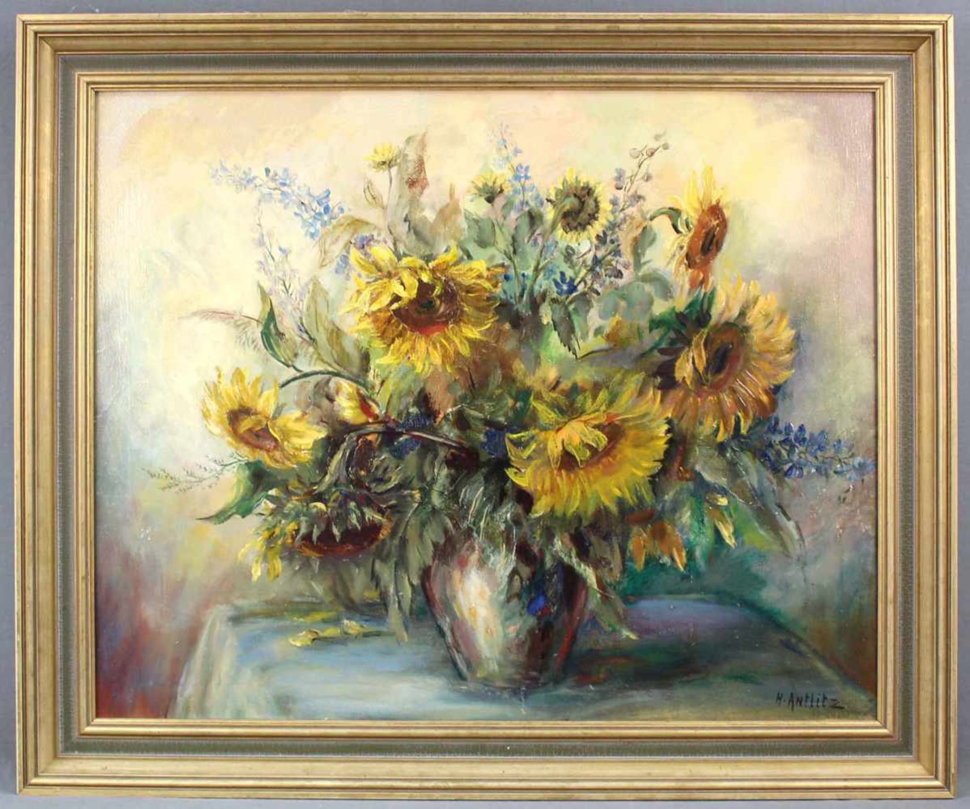 Hans ANTLITZ (1902 - 1978). Sonnenblumen.64 cm x 80 cm. Gemälde. Öl auf Leinwand. Rechts unten - Image 2 of 6