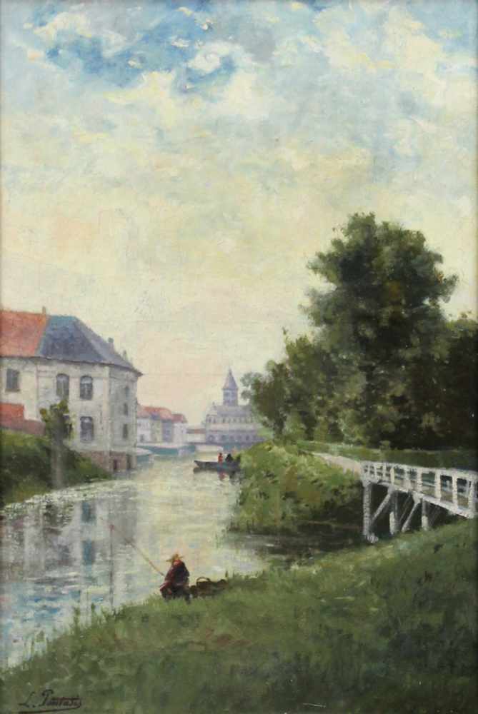 Périclès PANTAZIS (1849 - 1884). Angler vor Stadt.61 cm x 40 cm. Gemälde. Öl auf Leinwand. Links