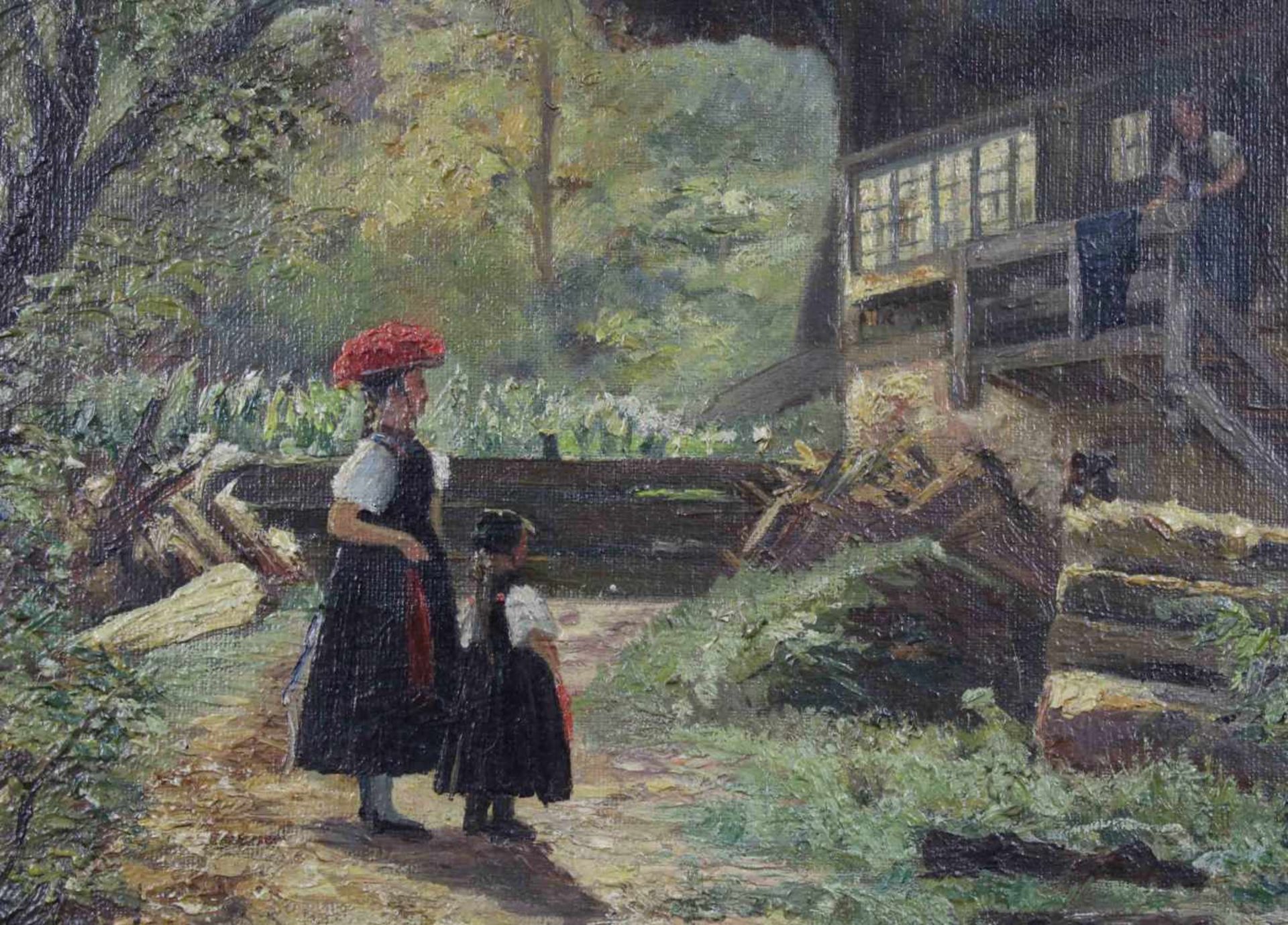 UNSIGNIERT (XIX - XX). Schwarzwald Mädchen vor strohgedecktem Haus.63 cm x 46 cm. Gemälde. Öl auf - Image 4 of 9