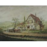 Karl LUCKHARDT (1886-1970). Wäsche vor dem Hof. Pferde. Landleute. Fuhrwerk.78 cm x 101 cm. Gemälde,