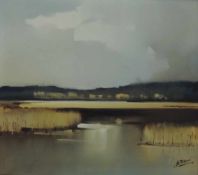 Max ROTHEMUND (1926 -). "Morgen im Hochmoor".80 cm x 90 cm. Gemälde. Öl auf Leinwand. Rechts unten