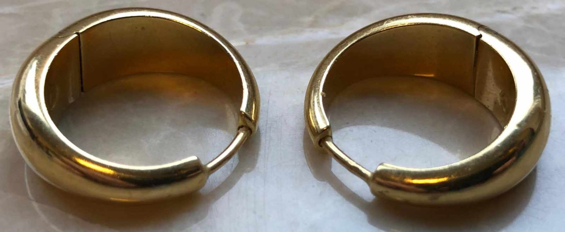 Paar Ohrringe Gold 750. Handarbeit. Marken.9,5 Gramm. 22 mm Durchmesser.Pair of earrings 750 gold. - Bild 4 aus 6