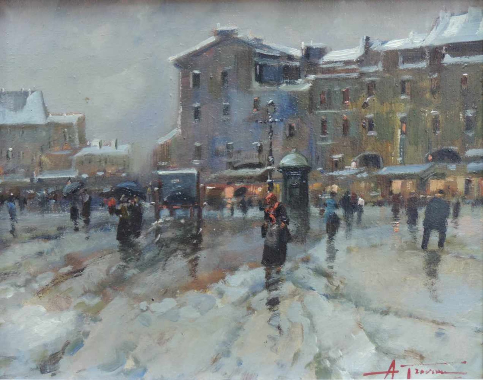 Antonio GRAVINA (1934 - 2011). "Winterabend".24 cm x 30 cm. Gemälde. Öl auf Leinwand. Rechts unten