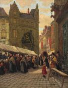 Albert ENGSTFELD (1876 - 1956). Auf dem Marktplatz.52 cm x 41 cm. Gemälde. Öl auf Platte. Rechts