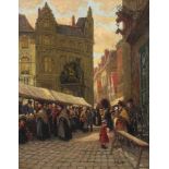 Albert ENGSTFELD (1876 - 1956). Auf dem Marktplatz.52 cm x 41 cm. Gemälde. Öl auf Platte. Rechts