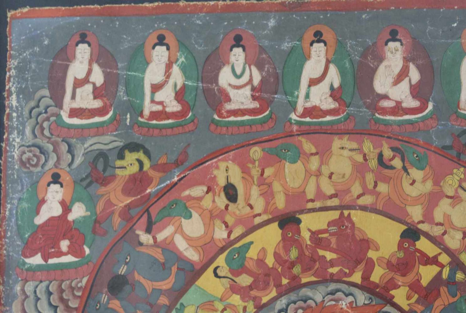 Thangka, mit Lebensrad. Asien.71 cm x 51 cm mit Rahmen gemessen.Thangka, with Wheel of Life. Asia.71 - Bild 5 aus 7