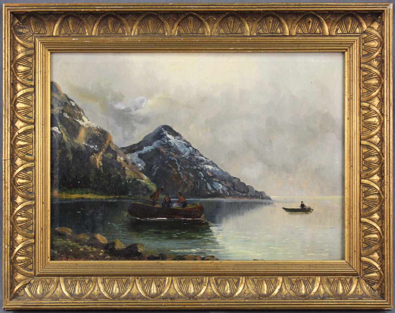 Albrecht MAYER (1875 - 1952). ''Alpensee mit Booten''.30 cm x 43 cm. Gemälde. Öl auf Leinwand. Links - Image 2 of 9