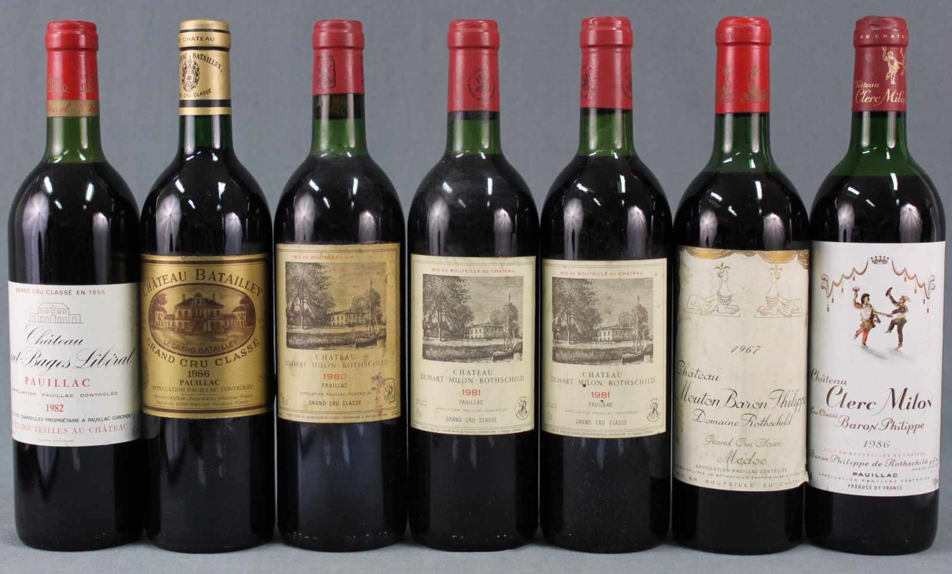 7 ganze Flaschen Bordeaux. Grand Cru Classé. Rotwein. Frankreich.1981 Chateau Duhart - Milon -