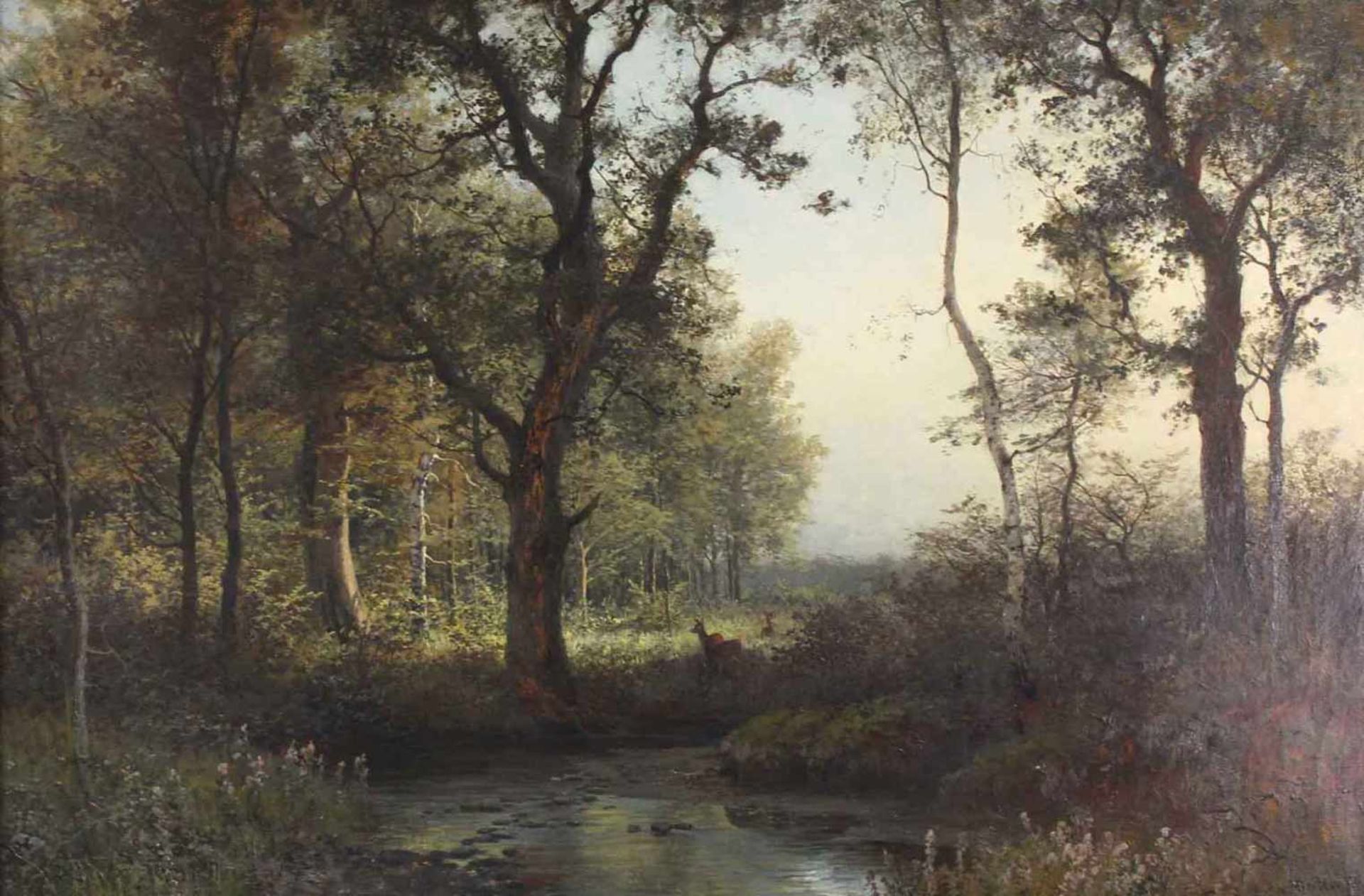 Heinrich DEITERS (1840 - 1916). Rehe am Waldbach in der Dämmerung 1896.94 cm x 65 cm. Gemälde. Öl