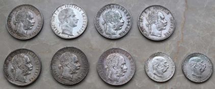 9 Münzen K & K Monarchie Österreich / Ungarn. Silber.96,3 Gramm Gesamtgewicht.9 Coins K&K Monarchy