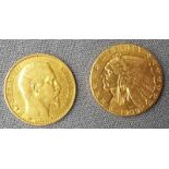 2 Goldmünzen. USA 5 Dollar 1909. Und 20 Franc 1859 Napoleon III.Der Dollar 8,3 Gramm. Der Franc 6,