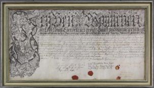 Jäger-Lehrbrief. 18. Jahrhundert. Ausgestellt 1781 in Böhmen.32 cm x 64 cm die Abbildung. Grafik mit