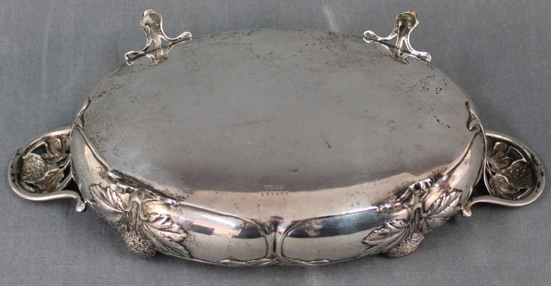 Jugendstil Henkelschale Silber 800, Wilkens. Um 1900.429 Gramm. 32 cm x 17,5 cm. Halbmond / Krone. - Bild 9 aus 10