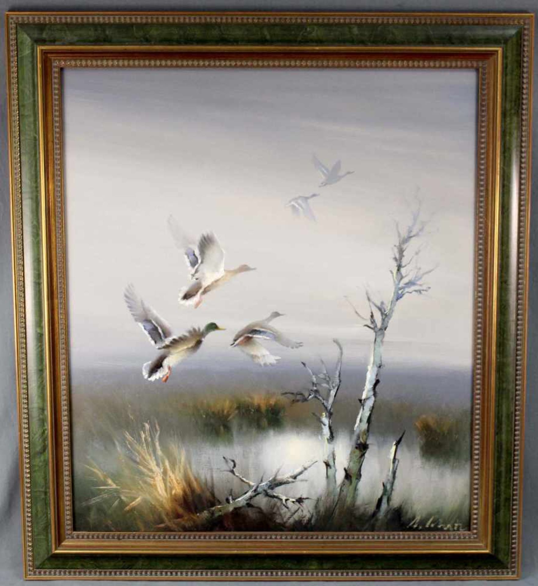 Arnold SCHATZ (1929 - c.1999). "Aufsteigende Enten"80 cm x 70 cm. Gemälde. Öl auf Leinwand. Rechts - Bild 2 aus 8