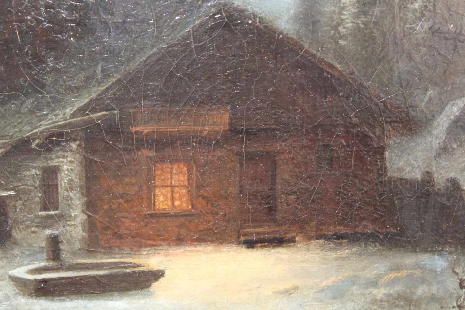Gustav HAUSMANN (1827 - 1899). Nocturno.30 cm x 42 cm. 2 Jäger vor Jagdhütte im Schnee. Gemälde. - Image 4 of 7