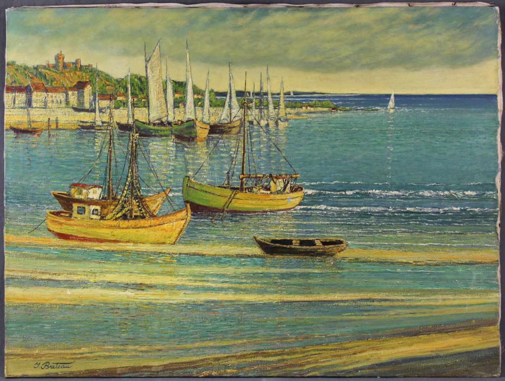 J. BRETEAU (XX). Hafen in der Normandie, Frankreich. Atlantik.62 cm x 81 cm. Links unten signiert.