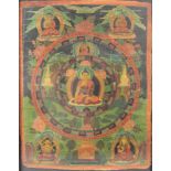 Thangka, mit grüner Tara im Lotussitz. Asien.71 cm x 51 cm mit Rahmen gemessen.Thangka, with green