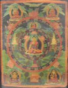 Thangka, mit grüner Tara im Lotussitz. Asien.71 cm x 51 cm mit Rahmen gemessen.Thangka, with green