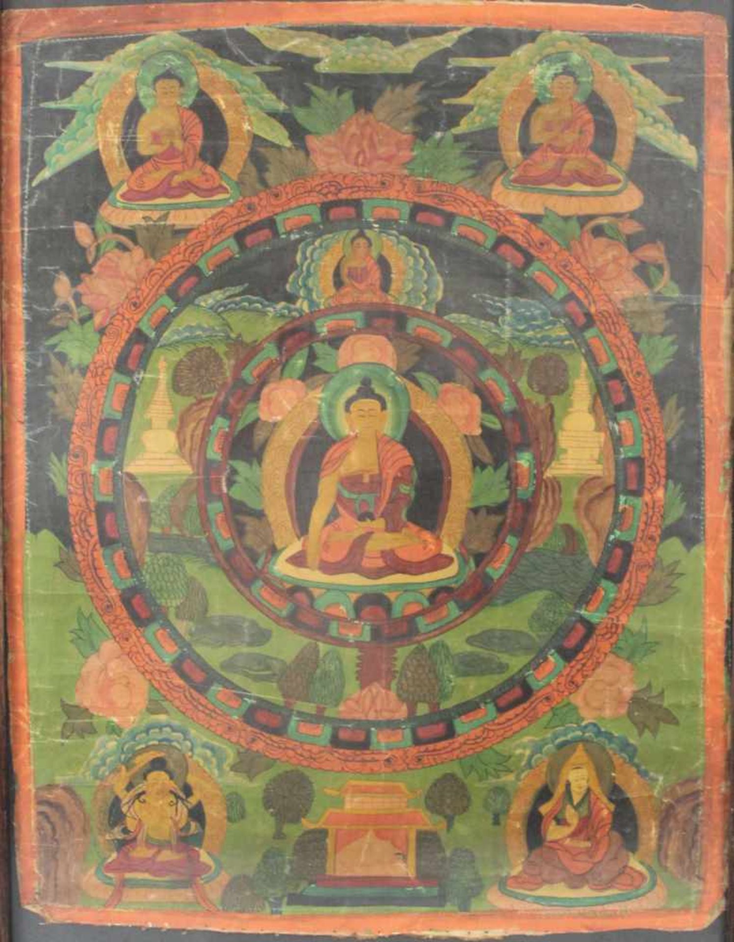 Thangka, mit grüner Tara im Lotussitz. Asien.71 cm x 51 cm mit Rahmen gemessen.Thangka, with green