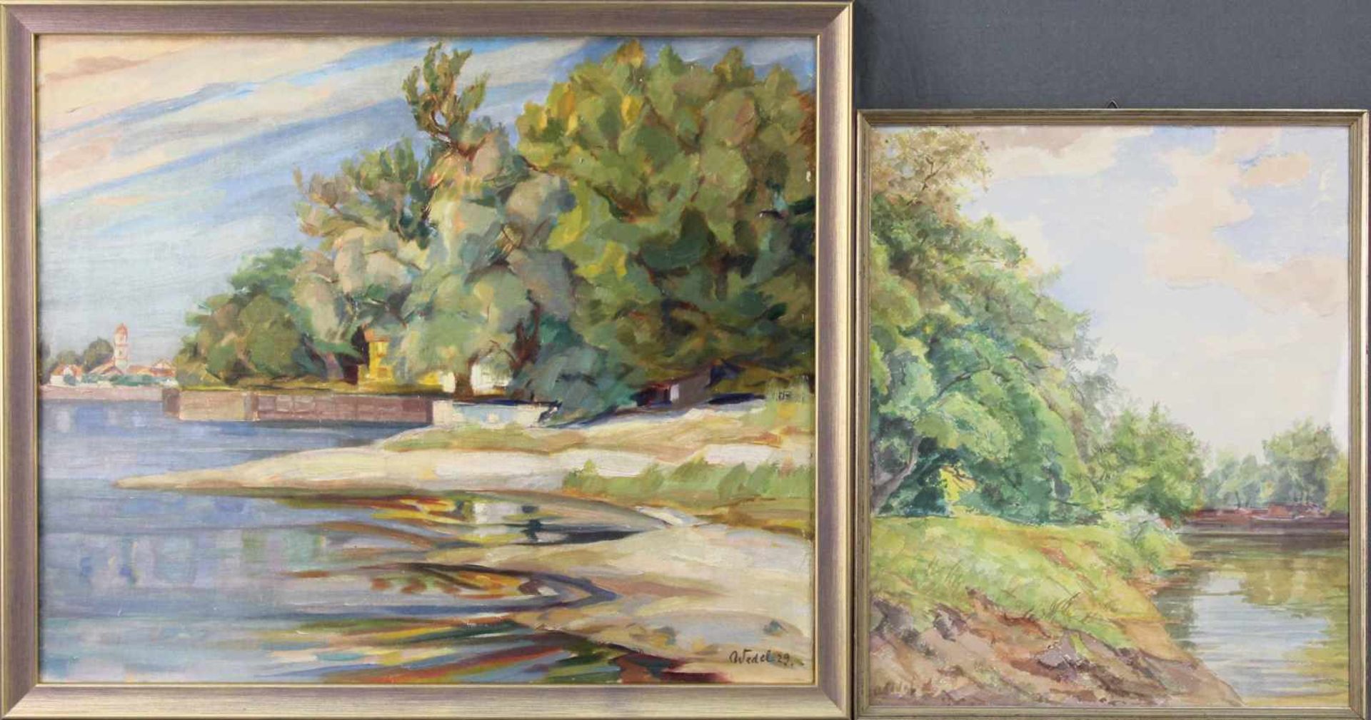 August WEDEL (1885 - 1953). Ufer vor der Stadt. (19)29.51cm x 61 cm. Gemälde. Öl auf Leinwand.