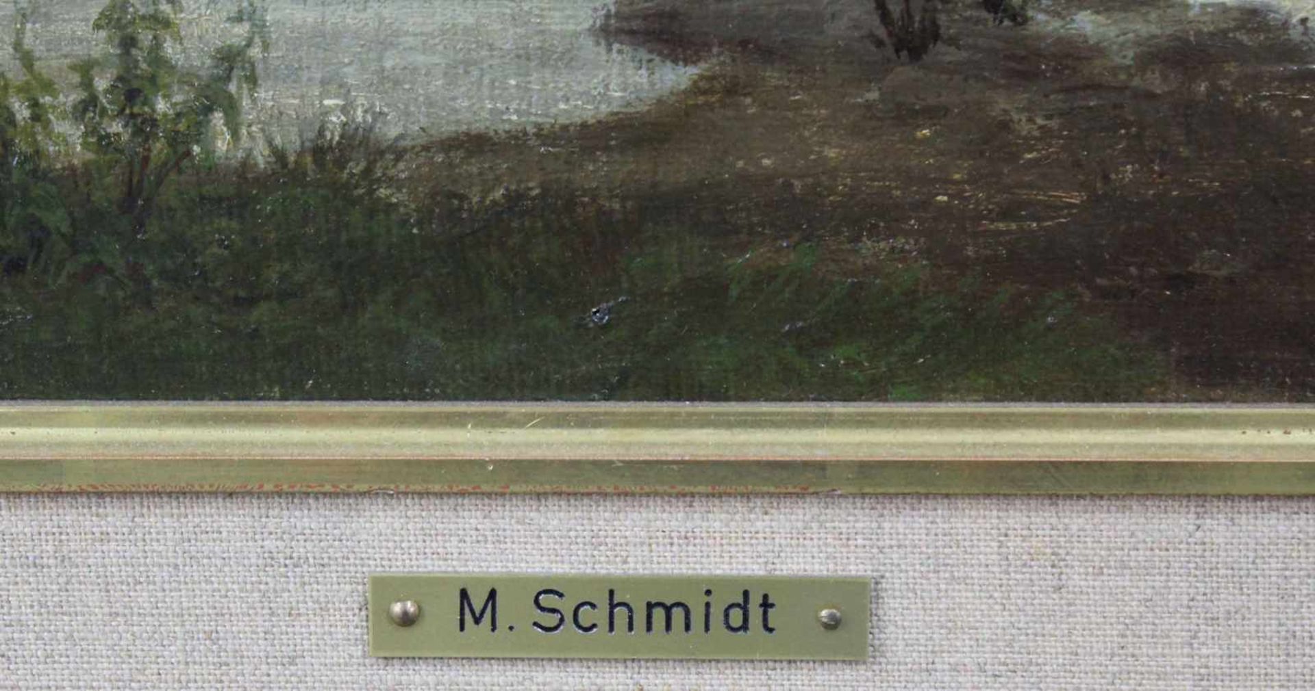 Max SCHMIDT (1818 - 1901). "Am Weiher"45 cm x 64 cm. Gemälde. Öl auf Leinwand. Verso Aufkleber. - Bild 3 aus 8