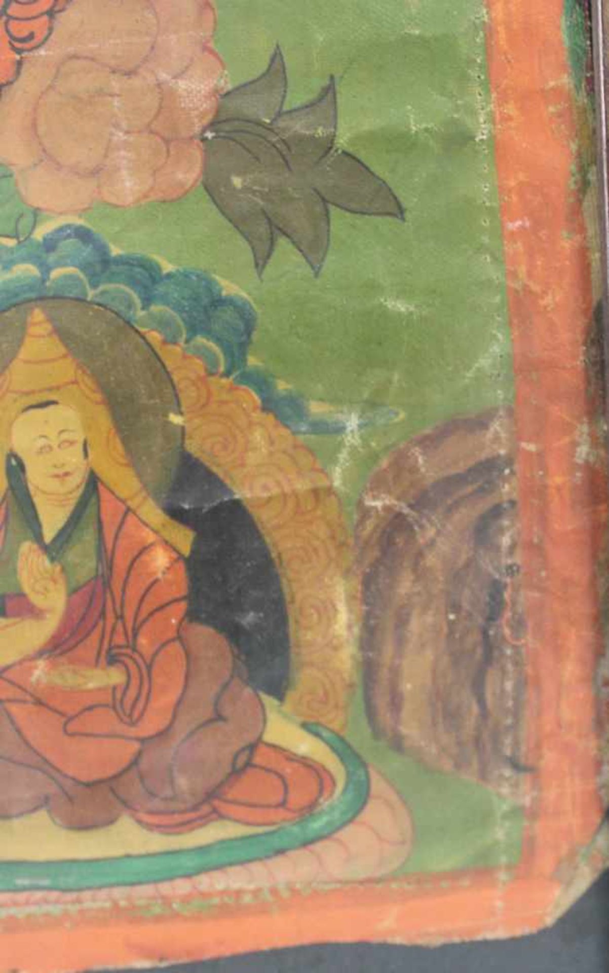 Thangka, mit grüner Tara im Lotussitz. Asien.71 cm x 51 cm mit Rahmen gemessen.Thangka, with green - Image 4 of 7