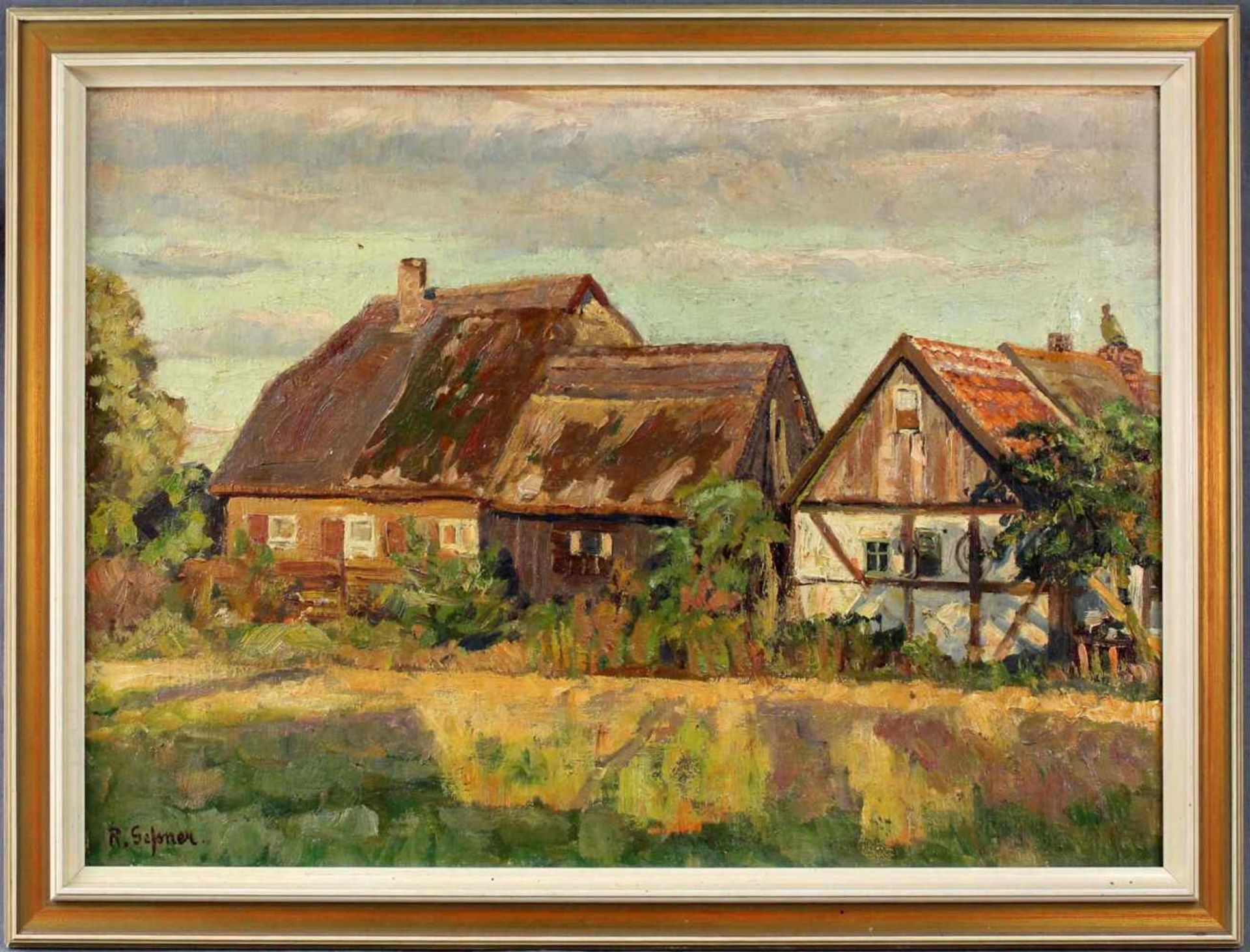 Richard GESSNER (1894 - 1989). Bauernhäuser in Sommerlandschaft.44 cm x 60 cm. Gemälde. Öl auf - Bild 2 aus 8