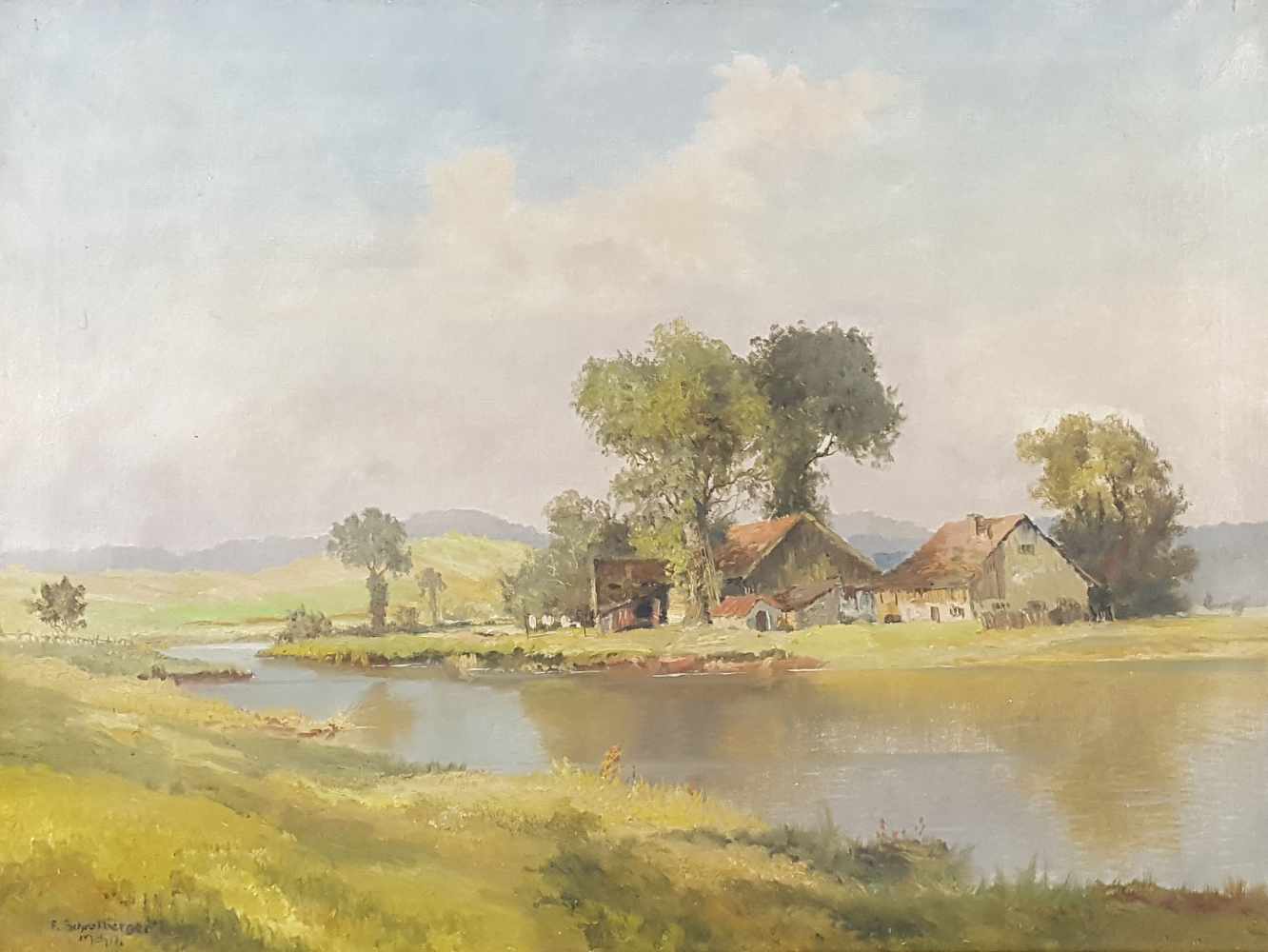 F. SCHROTBERGER (XX). "Bei Fürstenfeldbruck".60 cm x 80 cm. Gemälde. Öl auf Leinwand. Links unten