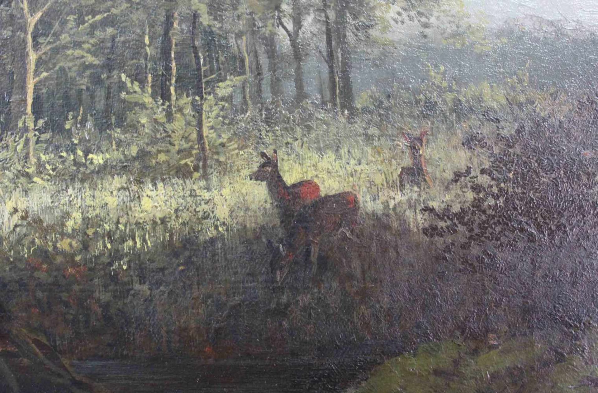 Heinrich DEITERS (1840 - 1916). Rehe am Waldbach in der Dämmerung 1896.94 cm x 65 cm. Gemälde. Öl - Bild 4 aus 7