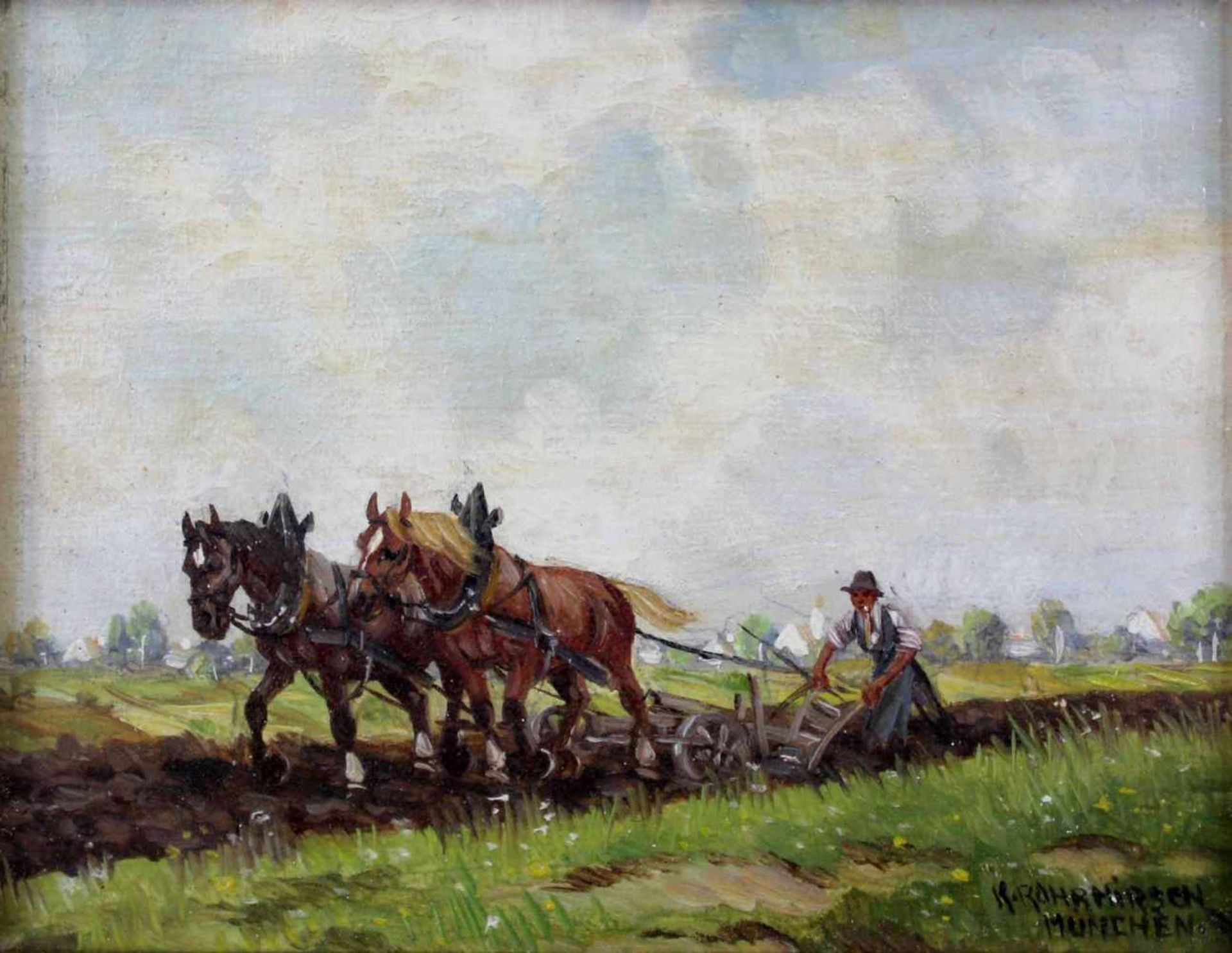 Karl ROHRHIRSCH (1875 - 1954). Pflügender Bauer.9 cm x 11 cm. Gemälde, Öl auf Holz. Unten rechts
