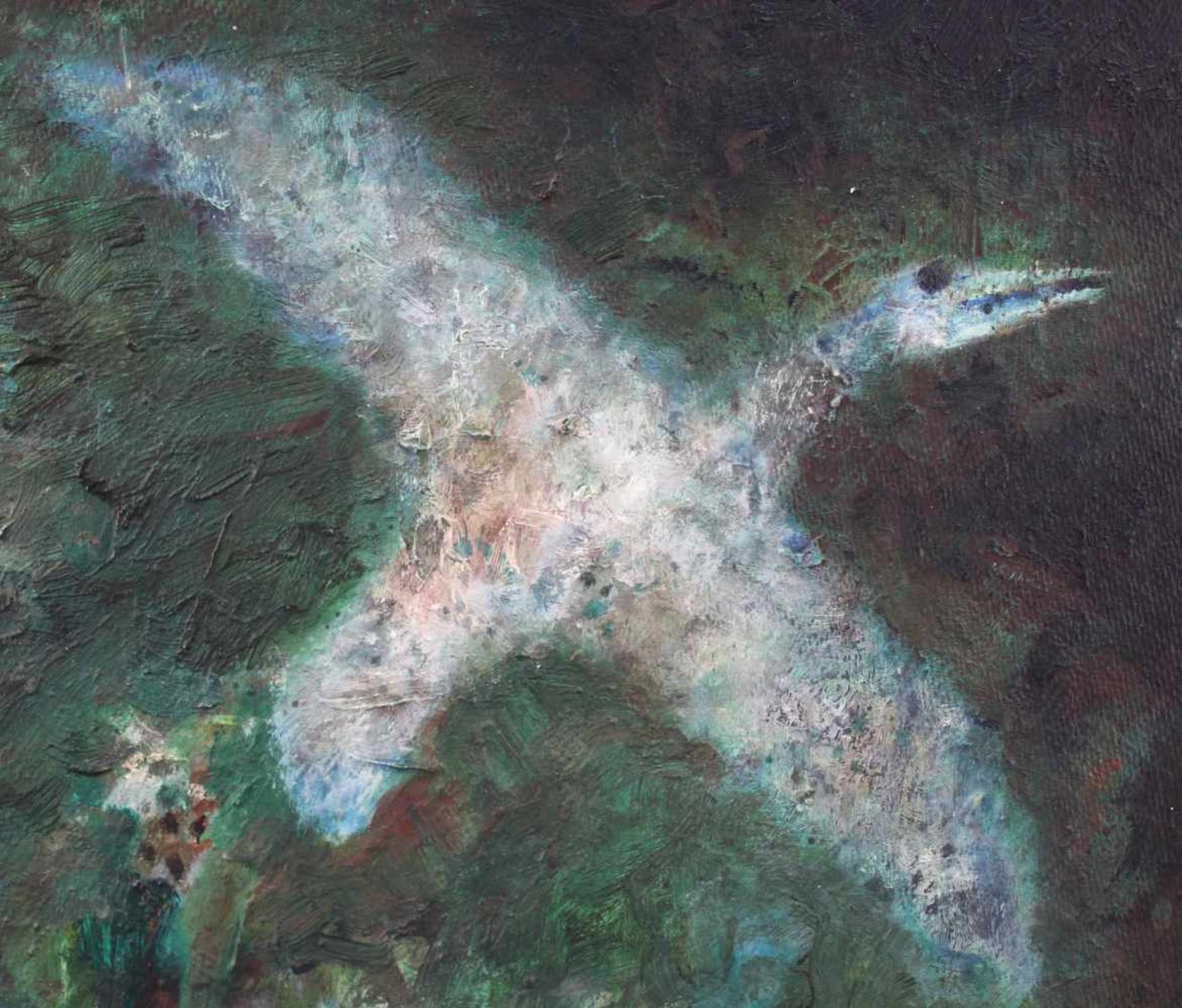 Walter LEDERER (1923 - 2003). Fischreiher über einem Wald.57 cm x 47 cm. Gemälde. Öl auf Platte. - Image 4 of 6