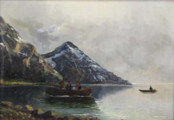 Albrecht MAYER (1875 - 1952). ''Alpensee mit Booten''.30 cm x 43 cm. Gemälde. Öl auf Leinwand. Links