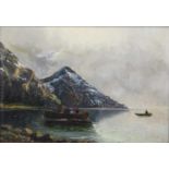 Albrecht MAYER (1875 - 1952). ''Alpensee mit Booten''.30 cm x 43 cm. Gemälde. Öl auf Leinwand. Links